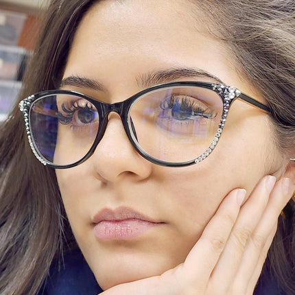 Cattitude Bling Reading Glasses 4 Women W Hematite N Clear Genuine European Crystals, 1.00 to 4.00 Magnifying Cat Eye  NY Fifth Avenue