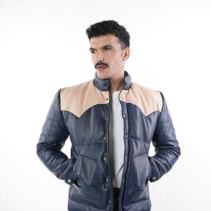 Ox and Bulls Puffer Blue Multicolor Leather Jacket - Spanish style Puffer Jacket