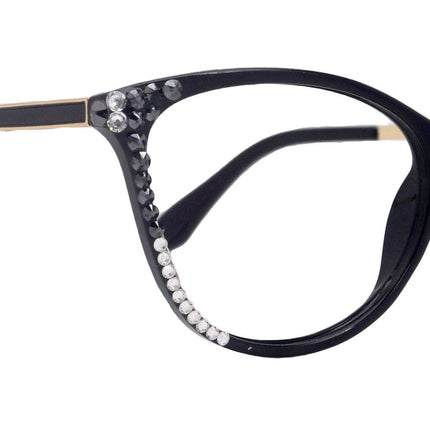 Cattitude Bling Reading Glasses 4 Women W Hematite N Clear Genuine European Crystals, 1.00 to 4.00 Magnifying Cat Eye  NY Fifth Avenue