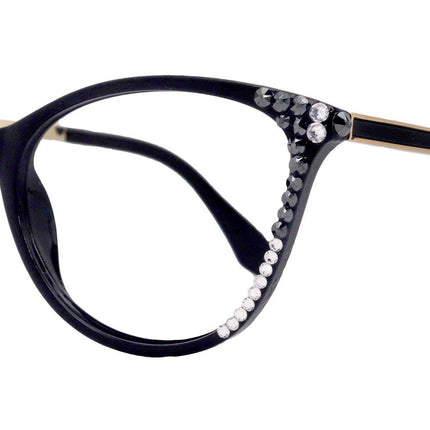 Cattitude Bling Reading Glasses 4 Women W Hematite N Clear Genuine European Crystals, 1.00 to 4.00 Magnifying Cat Eye  NY Fifth Avenue
