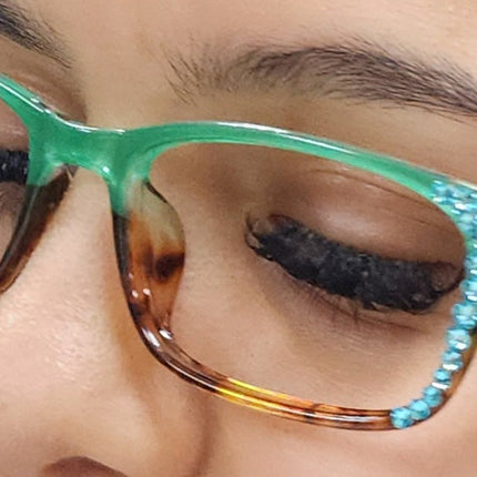 Desiree, (Bling) Women Reading Glasses W (Aquamarine, Cooper) Genuine European Crystals. +1.5 ..+6 Square. High Strength. NY Fifth Avenue