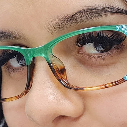 Desiree, (Bling) Women Reading Glasses W (Aquamarine, Cooper) Genuine European Crystals. +1.5 ..+6 Square. High Strength. NY Fifth Avenue