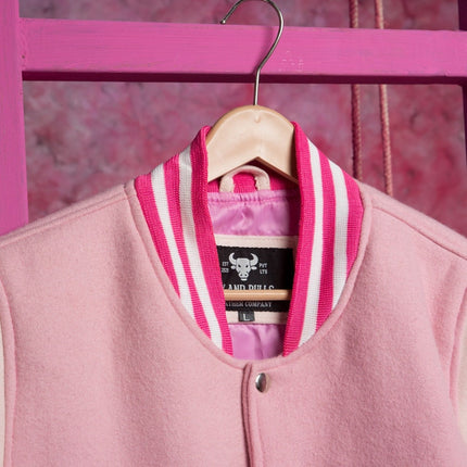 Pink and White Varsity Jacket - Handcrafted with love by Ox and Bulls Leather