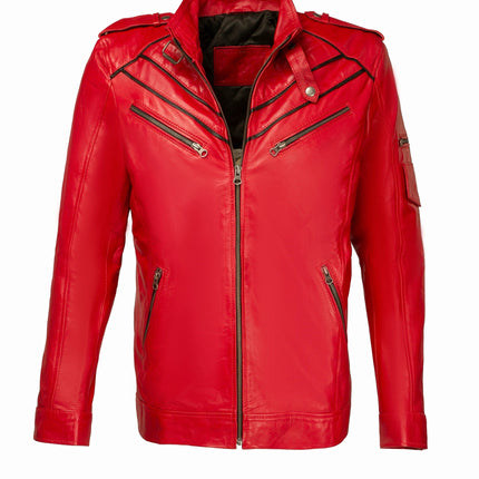 Cafe Racer Red Biker Motorcycle Men Red Leather Jacket Handcrafted by Ox and Bulls