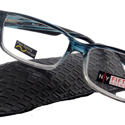 Logan Square Men's Unixes High-End Reading Glasses - Magnifying Readers, Transparent Blue, Rectangular Frame, Inspired by NY Fifth Avenue