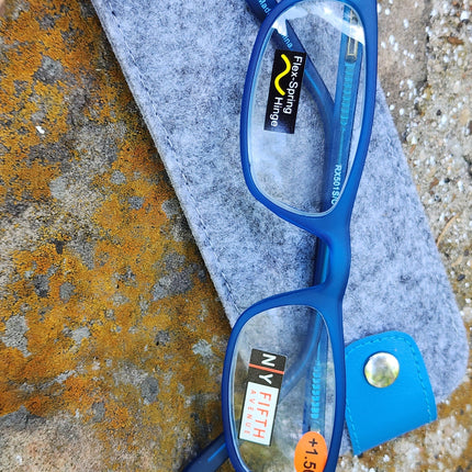 Morgan Premium Reading Glasses HighEnd Magnifying Readers, Transparent Blue Small Rectangular Frame, Inspired by NY Fifth Avenue Lower nose