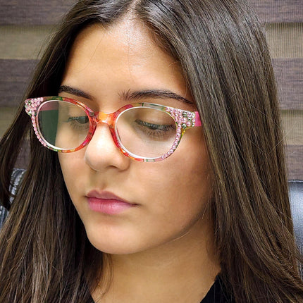 Versailles, (Bling) Reading Glasses 4 women W (Rose, Black Diamond) Genuine European Crystals  (Pink, Green, Clear) Round. NY Fifth Avenue