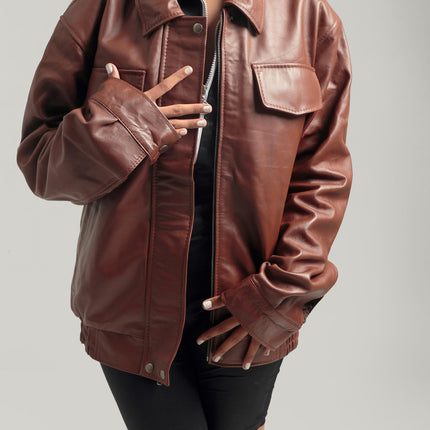 Oversized Brown Bomber Jacket Retro Leather Jacket Handcrafted & Designed by Ox and Bulls