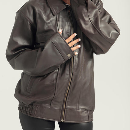Oversized Dark Brown Bomber Jacket Retro Leather Jacket Handcrafted & Designed by Ox and Bulls