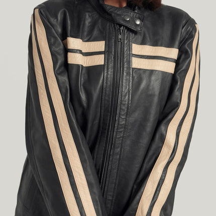 Oversized Black Jacket with White Stripes Retro Bomber Leather Jacket Handcrafted & Designed by Ox and Bulls