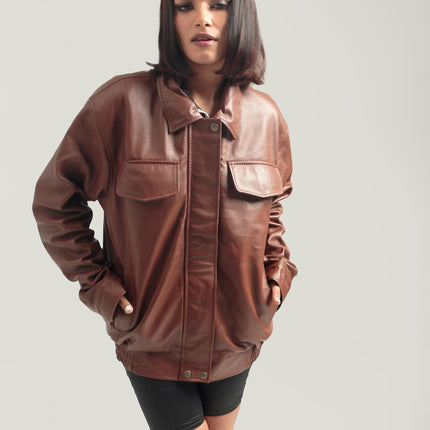 Oversized Brown Bomber Jacket Retro Leather Jacket Handcrafted & Designed by Ox and Bulls