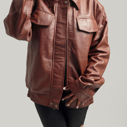 Oversized Brown Bomber Jacket Retro Leather Jacket Handcrafted & Designed by Ox and Bulls