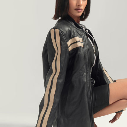Oversized Black Jacket with White Stripes Retro Bomber Leather Jacket Handcrafted & Designed by Ox and Bulls