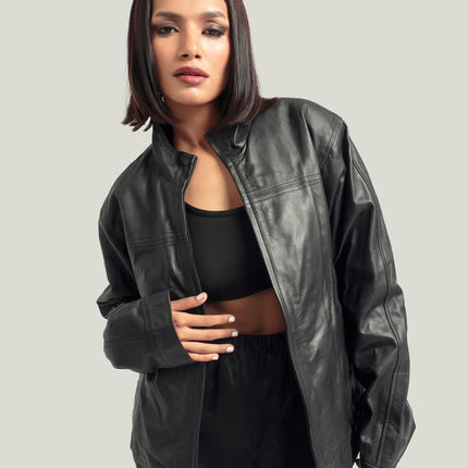 Oversized Womens Black Classic Bikers Jacket for Women's Retro Bomber Leather Jacket Handcrafted & Designed by Ox and Bulls