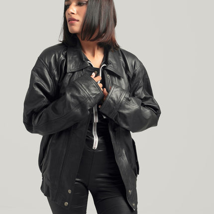 Oversized Baggy Black Classic Bikers 80's 90's Jacket for Women Retro Bomber Leather Jacket Handcrafted & Designed by Ox and Bulls