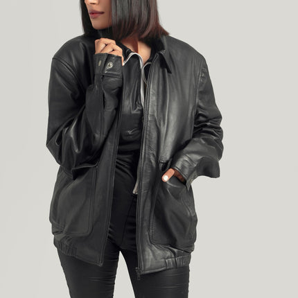 Oversized Baggy Women's Black Classic Bikers Jacket for Women's Retro Bomber Leather Jacket Handcrafted & Designed by Ox and Bulls