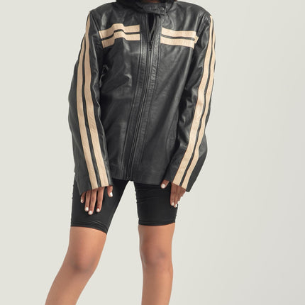 Oversized Black Jacket with White Stripes Retro Bomber Leather Jacket Handcrafted & Designed by Ox and Bulls