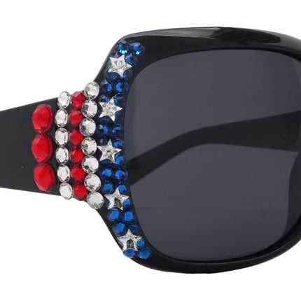 Freedom Shine, Bling Women’s Sunglasses with Genuine European Crystals, US Flag Colors, Polarized Protection, Square Frame, NY Fifth Avenue