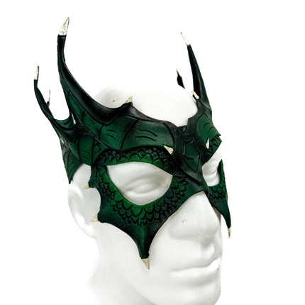Green Dragon Crown Eye Mask - Handmade Genuine Leather - Masquerade, Halloween or Cosplay Costume
