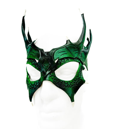Green Dragon Crown Eye Mask - Handmade Genuine Leather - Masquerade, Halloween or Cosplay Costume