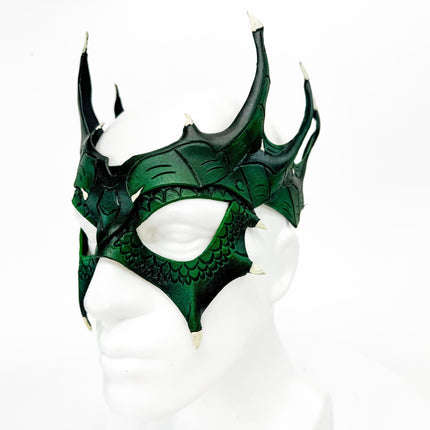 Green Dragon Crown Eye Mask - Handmade Genuine Leather - Masquerade, Halloween or Cosplay Costume