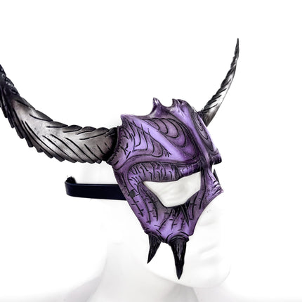 Handmade Genuine Leather Mask with Horns in Purple and White  The Horned Beast