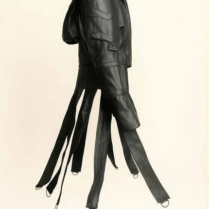 Gothic Black Leather Hooded Jacket with Buckle Straps & D-Rings – Cyberpunk Streetwear by Ox and Bulls