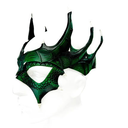 Green Dragon Crown Eye Mask - Handmade Genuine Leather - Masquerade, Halloween or Cosplay Costume