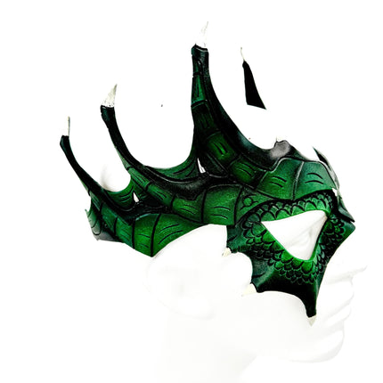 Green Dragon Crown Eye Mask - Handmade Genuine Leather - Masquerade, Halloween or Cosplay Costume