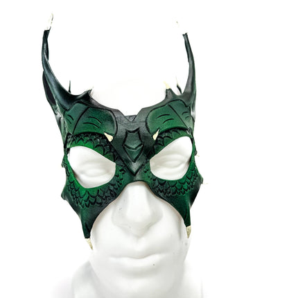 Green Dragon Crown Eye Mask - Handmade Genuine Leather - Masquerade, Halloween or Cosplay Costume