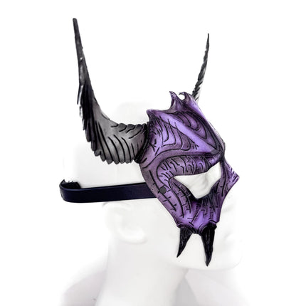 Handmade Genuine Leather Mask with Horns in Purple and White  The Horned Beast