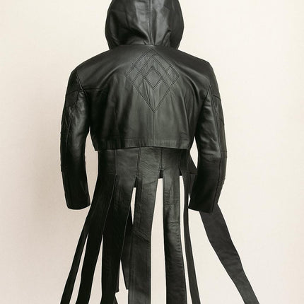 Gothic Black Leather Hooded Jacket with Buckle Straps & D-Rings – Cyberpunk Streetwear by Ox and Bulls