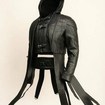 Gothic Black Leather Hooded Jacket with Buckle Straps & D-Rings – Cyberpunk Streetwear by Ox and Bulls