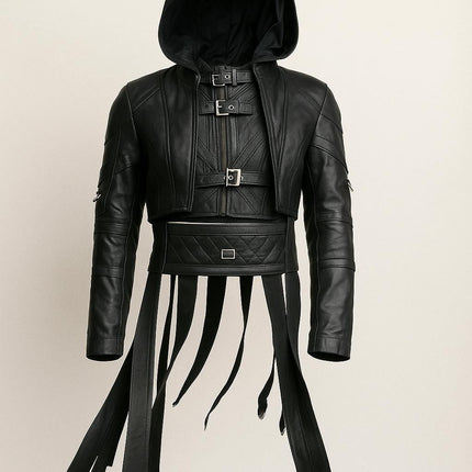 Gothic Black Leather Hooded Jacket with Buckle Straps & D-Rings – Cyberpunk Streetwear by Ox and Bulls