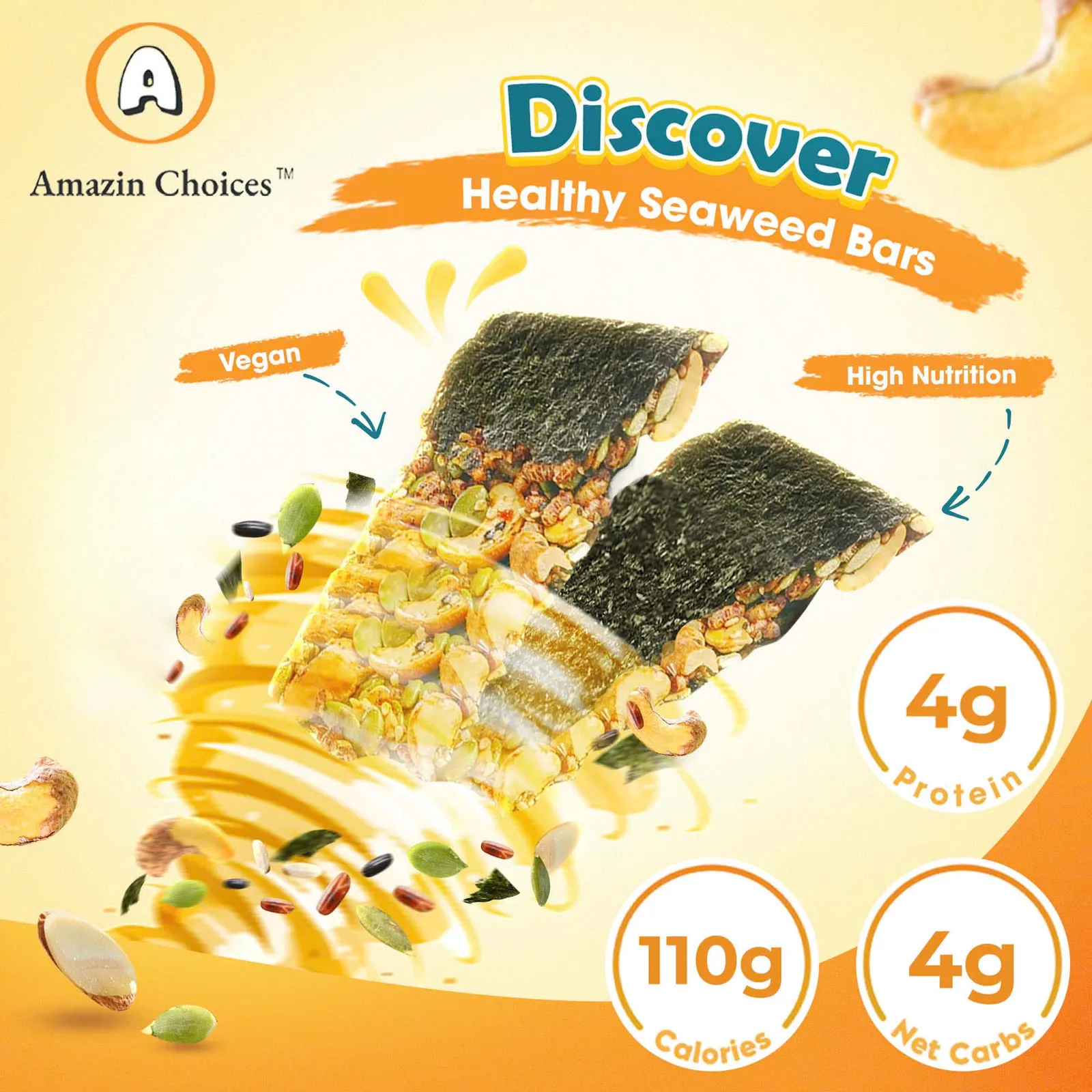 Amazin Choices Rong Biển Kẹp Hạt Cao Cấp (16 Thanh) – Snack Thuần Chay Lành Mạnh – Mua $19.99 Tặng Ngay Xoài Cay Sấy Dẻo 100g (Trị giá: $7.99 )