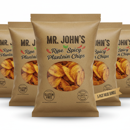MR. JOHN'S Ripe Spicy Plantain Chips - Gluten Free, Natural Ingredients, 5 Pack (5.29 oz Each)