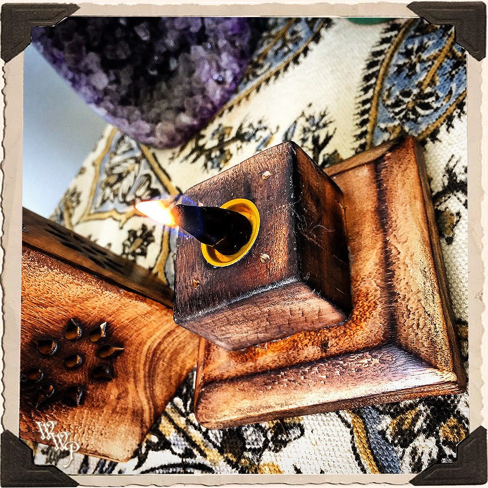 BOTANICAL INCENSE BURNER TOWER. Upright Wooden Box with Metal Stampings. Incense Stick & Cone Holder.