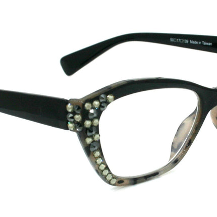Jane, (Bling) Women Reading Glasses W (Hematite, Black Diamond) Genuine European Crystals, Cat Eyes (Black) Tortoise Shell NY Fifth Avenue