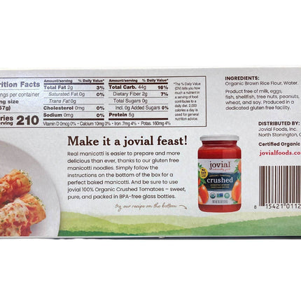 Manicotti, Brown Rice, Organic, Jovial, Gluten-Free