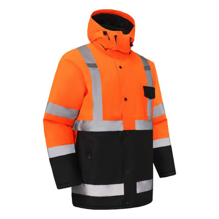 Kiwi High Visibility Hooded & Quilt Lined ANSI/ISEA 107-2020, Type R, Class 3 Two Tone Water Resistant Orange Safety Jacket [71400]