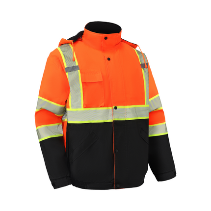 Kingstone High Visibility Hooded and Fleece Lined ANSI/ISEA 107-2020, Type R, Class 3 Two-Tone, Contrast Trimmed Orange Safety Jacket