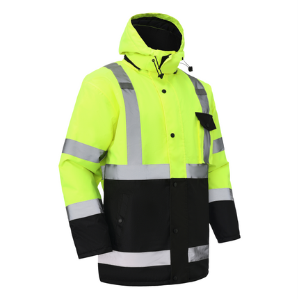 Kiwi High Visibility Hooded & Quilt Lined ANSI/ISEA 107-2020, Type R, Class 3 Two Tone Water Resistant Neon Safety Jacket [71300]