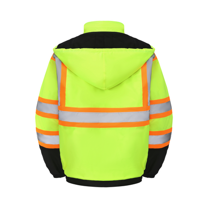 Kingstone High Visibility Hooded and Fleece Lined ANSI/ISEA 107-2020, Type R, Class 3 Two-Tone, Contrast Trimmed Neon Safety Jacket