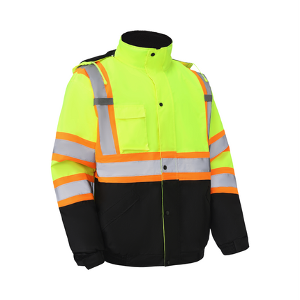 Kingstone High Visibility Hooded and Fleece Lined ANSI/ISEA 107-2020, Type R, Class 3 Two-Tone, Contrast Trimmed Neon Safety Jacket