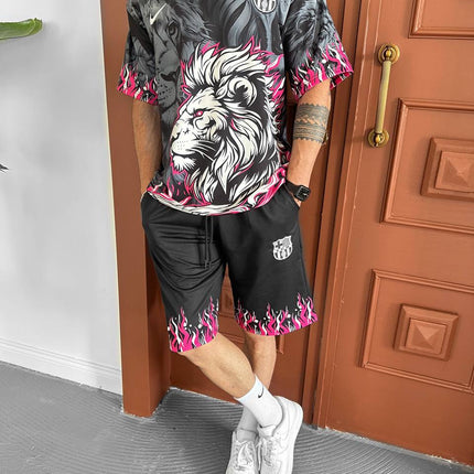 Lion Blaze Men's Graphic Tee & Flame Shorts Set – Fiery Streetwear with Bold Lion Print