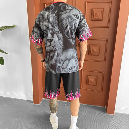 Lion Blaze Men's Graphic Tee & Flame Shorts Set – Fiery Streetwear with Bold Lion Print