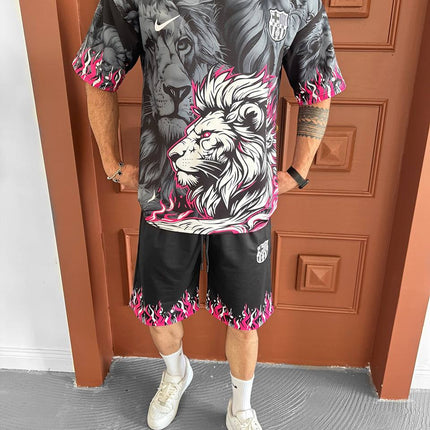 Lion Blaze Men's Graphic Tee & Flame Shorts Set – Fiery Streetwear with Bold Lion Print