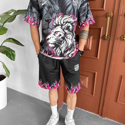 Lion Blaze Men's Graphic Tee & Flame Shorts Set – Fiery Streetwear with Bold Lion Print