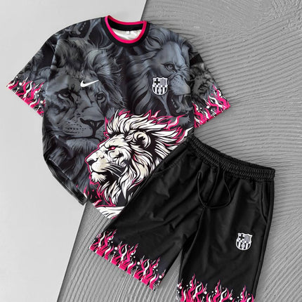 Lion Blaze Men's Graphic Tee & Flame Shorts Set – Fiery Streetwear with Bold Lion Print