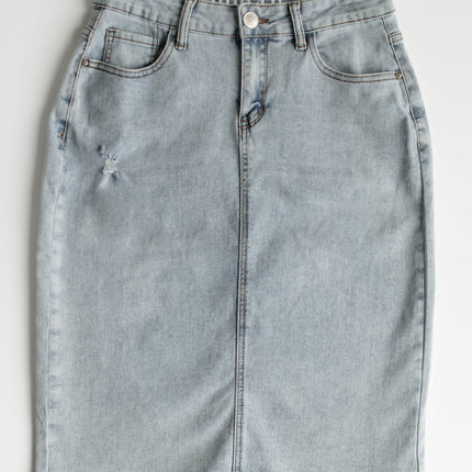 Maelia Distressed Denim Midi Skirt